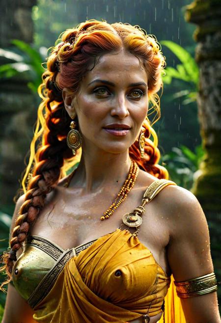 style: photorealistic, 
highly detailed, 
high resolution, 
a malicious amazon woman wearing an antique long roman toga with golden applications, 
(in her late 40s:3),
(plump:3), 
evil and dismissive smiling, 
glowing yellow dragon eyes, 
extravagant colored hair with long braids, 
strong wrinkles, 
stretch marks, 
cellulite,
(looking at camera:3)
standing proudly in a large rain forest with ruines of ancient greek buidlings, 
the scenerie is full of very warm light and colors
<lora:WildcardX-XL-Detail-Enhancer:1.5>