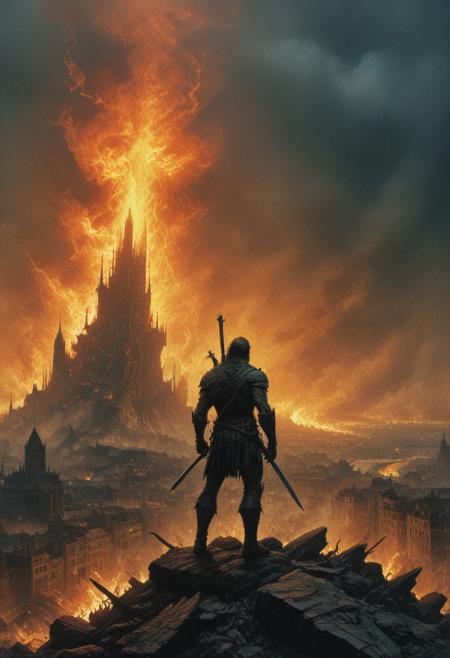 Stunning, ultra-high-resolution (32K, 1000K HDR, 1500 FPS) analog film photo with SR3, CDM, and VQ-VAE-2 processing. Imagine a Frank Frazetta fantasy oil painting (inspired by Zdzislaw Beksinski) depicting a heroic figure wielding a giant sword against a backdrop of a burning city, embodying the grimdark mythport style. Blend artistic styles using lora: (list styles). Apply faded film effects (desaturated, 35mm, grainy, vignette, vintage) with Kodachrome, Lomography, and stained textures. Ensure high detail throughout, replicating found footage aesthetics.