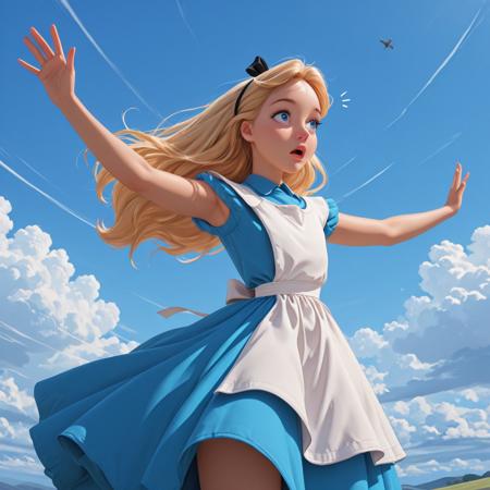 masterpiece, best quality, amazing quality, very aesthetic, absurdres, newest, 4k, 8k, 
alicexd, 1girl, solo, blonde hair, long hair, hairbow, blue dress, white apron, bow, white thighs, lips, blue eyes,
Falling through the sky, surprise, dress billowing, motion lines, arms out, clouds, blue sky, no ground, wind, wind blown hair ,
Full figure, dynamic view, from below,
<lora:Alice_-_Disney_Illustrious:1>
