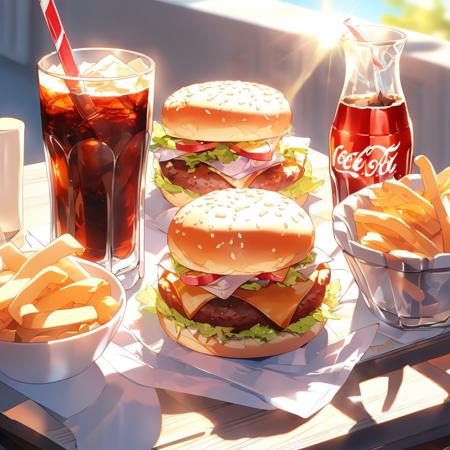 food, food focus, still life, sunlight, hamburger, cola, glass cup, <lora:colorfulfood-v10:1>