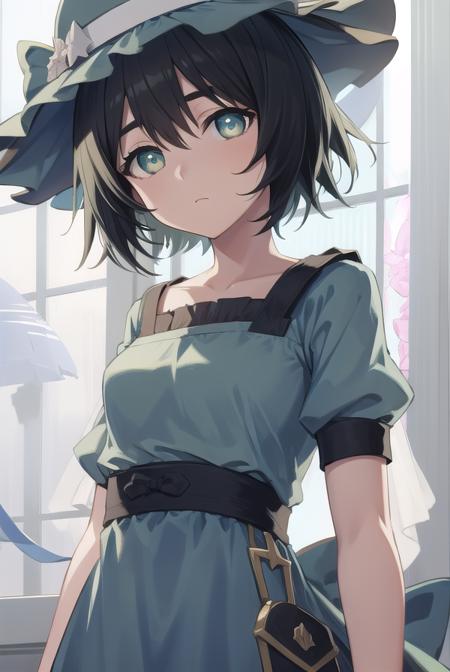 mayurishiina, <lora:mayuritest:1>,
mayuri shiina, (black hair:1.5), (green eyes:1.5), messy hair, short hair, hat, blue hat,
BREAK (blue dress:1.5), collarbone, dress, puffy short sleeves, puffy sleeves, short sleeves,,
BREAK looking at viewer,
BREAK indoors, lab,
BREAK <lora:GoodHands-vanilla:1>, (masterpiece:1.2), best quality, high resolution, unity 8k wallpaper, (illustration:0.8), (beautiful detailed eyes:1.6), extremely detailed face, perfect lighting, extremely detailed CG, (perfect hands, perfect anatomy),