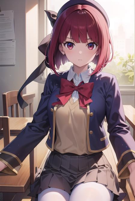 kanaarima, <lyco:kanaarima-lyco-nochekaiser:1>,
kana arima, bob cut, (red eyes:1.5), red hair, short hair,
BREAK beret, blue headwear, blue jacket, blue vest, hat, jacket, pantyhose, ribbon, school uniform, skirt, vest, youtou high school uniform,
BREAK looking at viewer,
BREAK indoors, classroom,
BREAK <lyco:GoodHands-beta2:1>, (masterpiece:1.2), best quality, high resolution, unity 8k wallpaper, (illustration:0.8), (beautiful detailed eyes:1.6), extremely detailed face, perfect lighting, extremely detailed CG, (perfect hands, perfect anatomy),