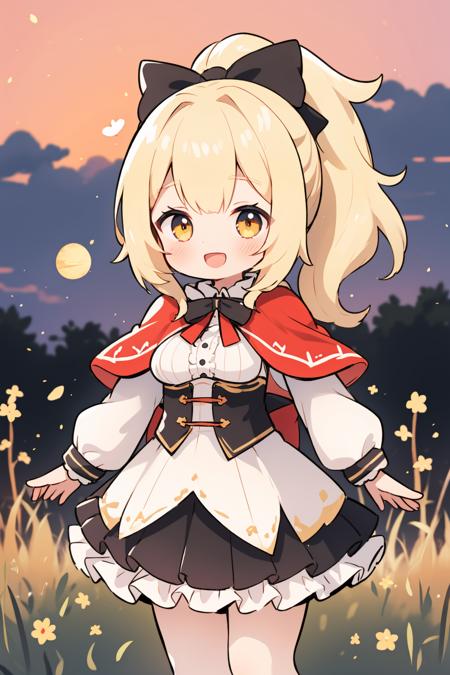 HDR,UHD,8K, Vivid Colors,
1girl, solo, outdoors, skirt, blonde hair, shirt, capelet, smile, white shirt, long sleeves, ponytail, looking at viewer, field, black skirt, cloud, sky, frills, long hair, braid, bow, breasts, blush, red capelet, yellow eyes, black bow, bangs, sunset, hair bow, medium breasts, frilled skirt, standing, signature, sidelocks, corset, ribbon, grass, :d, blurry, open mouth