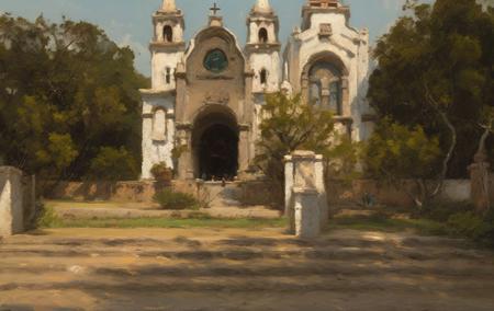 Mexican countryside, the local church and its small congregation, Catholic priest on the church steps, expansive Mexican countryside behind, art by classipeint, romantic blue sky sunny day, Mexican landscape oil painting