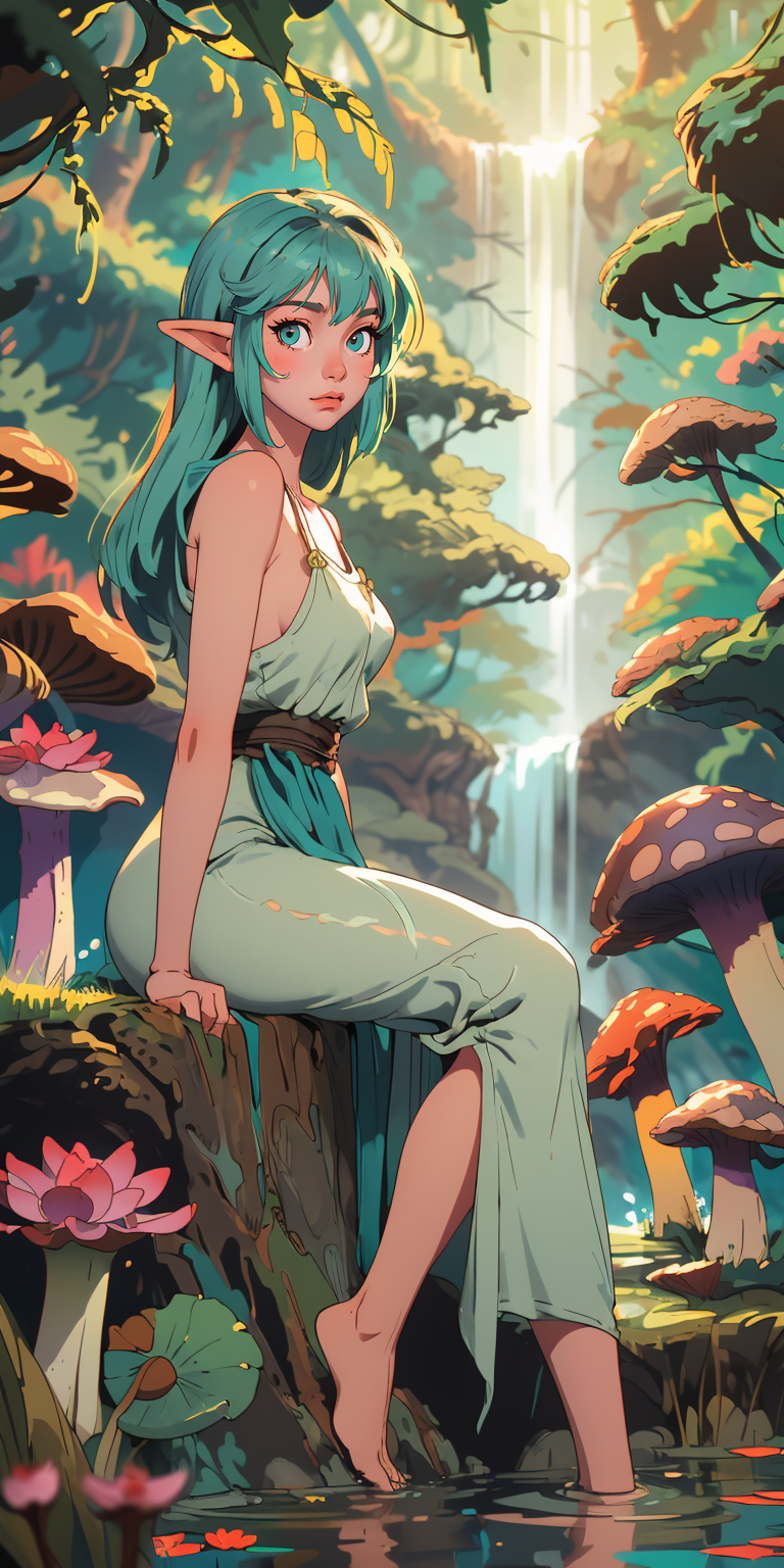 (masterpiece, best quality), 1girl, solo, elf, mist, sundress, forest, sitting, in water, waterfall, looking at viewer, bl...
