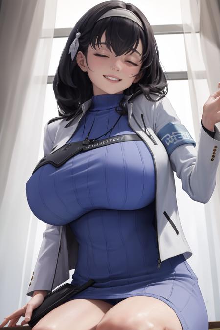 (masterpiece, best quality, absurdres), <lora:mary-nikke-richy-v1:1>, mary, blue sweater, white jacket, cropped jacket, long sleeves, open clothes, ribbed sweater, armband,
1girl, solo, sitting, sieza, from below, smile, huge breasts