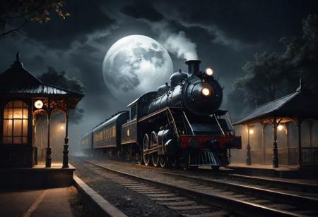 a black American steam train,
arrives at a Gothic-style train station,
moonlit night. This painting is imbued with a strange atmosphere,
flickering lanterns that only partially pierce the oppressive darkness. Silent characters
barely visible in the murky darkness
wait for the train to arrive. They wear ancient clothing, their faces obscured by the shadows and the disturbing darkness of the full moon