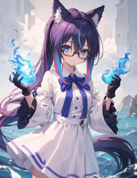 1girl, solo, fox girl, fox eras, glasses, long hair, gloves, looking at viewer, multicolored hair, purple eyes, very long hair, white hair, ponytail, bangs, streaked hair, closed mouth, black gloves, blue hair, long sleeves, water, dress, white dress, hair bow, blue eyes, bow, blue fire, open clothes, hair between eyes, cowboy shot, hair intakes, pillarboxed, hands up, blue bow, wide sleeves, masterpiece, best quality,