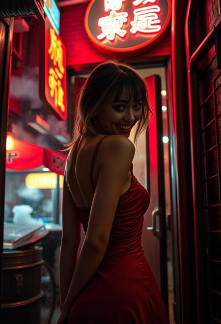 A mysterious Asian woman, seen from behind, stands in the doorway of a club, inviting you inside. She wears a revealing cocktail dress, with music pumping and lights flashing behind her. The scene is set in a dimly lit alley in a red-light district, with a nighttime BBQ food stall nearby, smoke rising up. Neon lights illuminate the brick architecture and drainpipes around her. She has light brown hair and eyes, long bangs, and makeup, with parted lips showing her teeth and tongue in a welcoming, happy expression. The atmosphere is suspenseful yet cozy, with high contrast, shadows, and dramatic 1990s-style cinematic lighting. The photorealistic image captures ultra-detailed skin pores and realistic texture, emphasizing the dark, chiaroscuro, low-key setting
