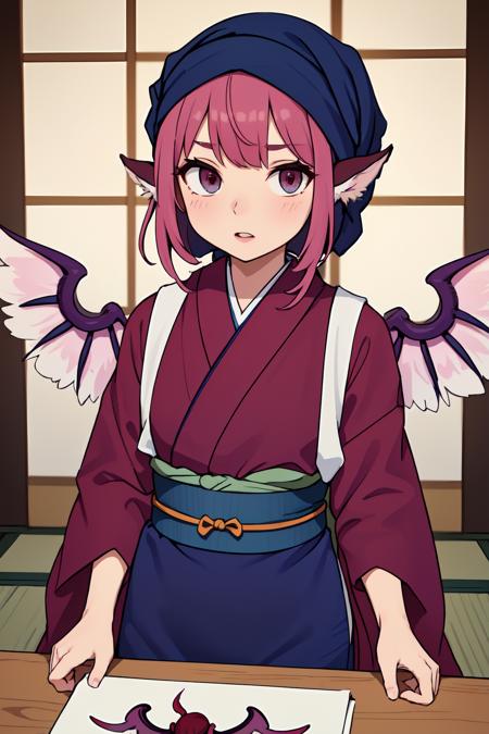 animal_ears, (sash code:1.3), (white_tasuki wings:1.1), (okamisty:1.5), (mystia lorelei:1.2), lips, (maroon_kimono:1.4),  (blue headscarf:1.5), (indigo blue_apron:1.2), (pink hair:1.2), <lora:oka_mysty2:0.3>