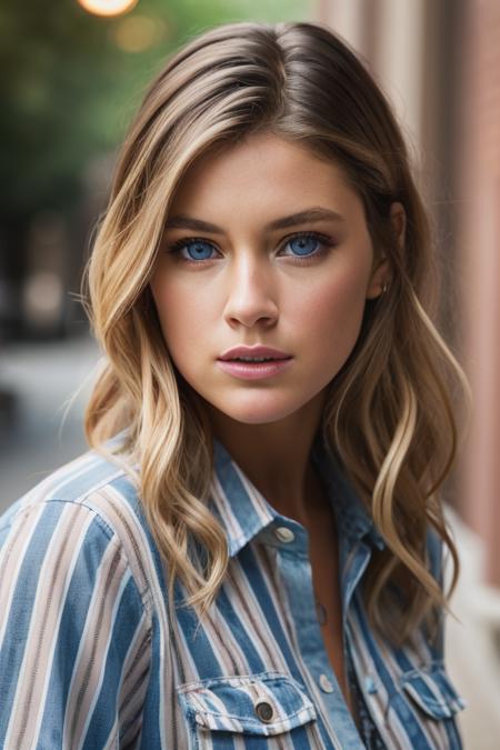 <lora:d0utz3nkr03s:0.9>, a Realistic photo of d0utz3nkr03s woman, 1girl, long hair, breasts, looking at viewer, blue eyes, blonde hair, simple background, brown hair, shirt, upper body, parted lips, teeth, striped, lips, blue shirt, realistic, unbuttoned, partially unbuttoned, soft lighting, professional Photography, Photorealistic, detailed eyes, RAW, analog, sharp focus, 8k, HD, DSLR, high quality, Fujifilm XT3, film grain, award winning, masterpiece