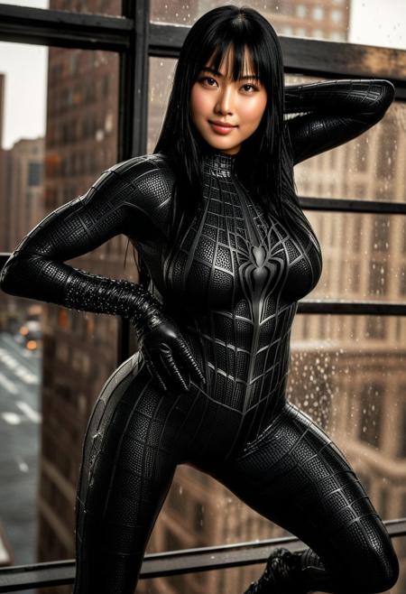 score_9, score_8_up, score_7_up, best quality, realistic, masterpiece, beautiful detail, hyperrealistic, cafe, ((1girl, woman body, huge breasts)), amazing detailed full body portrait of a beautiful japanese girl, wearing a realistic and highly detailed black raimi spider-man suit, ((huge muscular girl)), professional model wears ultra - detailed black raimi spider - man suit, ultra - detailed and grained black raimi spiderman suit, suit covered entire body and hand, black spiderman gloves, wet, (full body), (chilling pose), smile, black hair, octane render, highly detailed, volumetric, dramatic lighting, (highest quality:1.1), (HDR:1.3), (top quality, best quality), realistic, high definition, Expressionism - sharp focus, professional photography, masterpiece, ultra detailed photograph, high quality, 8k,