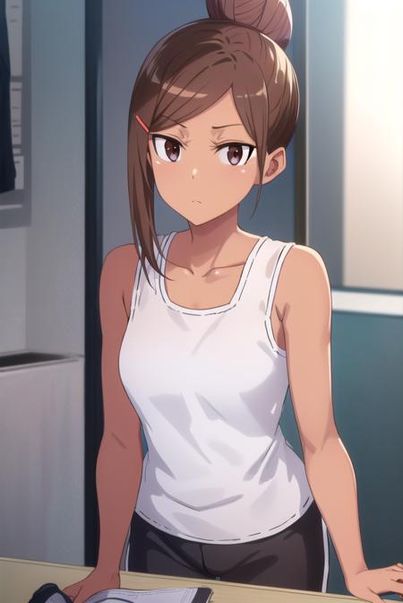 ayaka uehara, brown hair, hair ornament, (brown eyes:1.5), hairclip, dark skin, hair bun, dark-skinned female, single hair bun, skirt, shirt, bow, school uniform, white shirt, short sleeves, collared shirt, bowtie, red bow, red bowtie, shirt, white shirt, shoes, shorts, sleeveless, black footwear, sleeveless shirt, black shorts, tank top, sneakers,