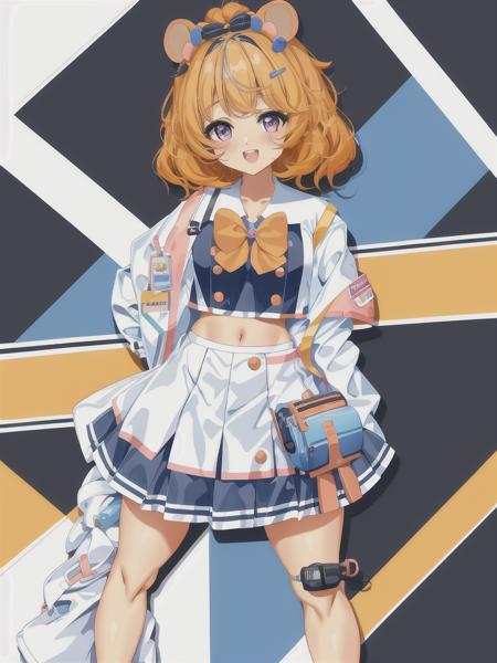 eimi,  <lora:Eimi-PC_1:1>, small hamster ears, hamster girl, short skirt, short shirt, midriff, short hair, hairclips, orange hair, purple eyes, smiling, blush, ribbon, big eyes, masterpiece, 4k quality