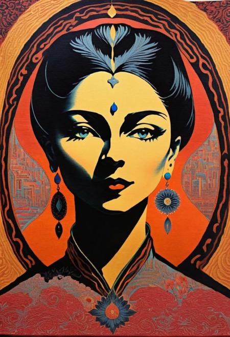 Portrait of Layla, Haft Paykar, Nizami Ganjavi, portrait of Madjnun, land of darkness, chiaroscuro, recurrence, cyclic universe, cyclical, schizoanalytic cartography, atomic tangerine color, aureolin color, crimson red, sharp colors, bright, splendid, mesmerizing art, ths_tapestry,  style of Edouard Manet, Amanda Sage style