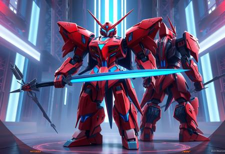 Create a 2D computer-generated image of a mecha robot with a sword, featuring a full-body red mech with rich blue accents and a Batoidea-inspired shape. The robot should have a slim, symmetric body with a beautiful design. Include a Dice Dungeon background beam and two arrows in the scene. Ensure the image has a 1/3 headroom and is positioned to showcase the robot from front, back, and side views. The image should have stunning, lifelike details and a golden ratio composition. Optimize for smooth focus, sharp lines, and high-quality rendering. Target a resolution of 8K and a highly realistic, hyper-realistic style akin to trending art on platforms like Artstation and Pinterest.