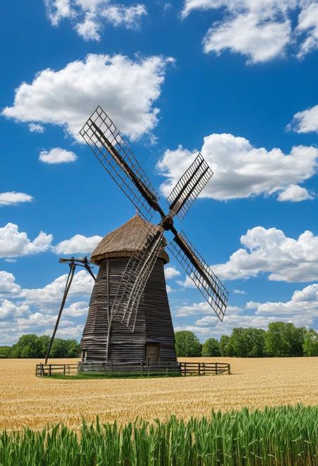 Antique windmill with 4 grinding blades rotating by the force of the wind activating it, background large wheat fields and blue sky with cumulus clouds