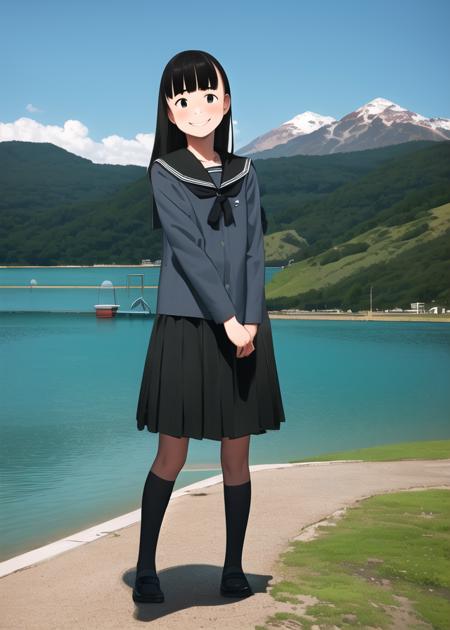 1girl, medium hair, black hair, blunt bangs, standing, serafuku, black serafuku, black skirt, full body, red legwear, outdoors, light smile, lake, mountain, <lora:CoLOv5t_fp32:1>