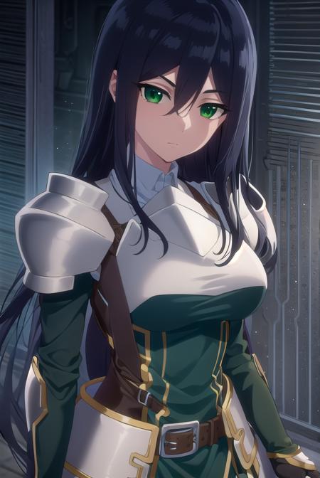 theodoradephilo, <lora:theodora dephilo s1-lora-nochekaiser:1>,
theodora dephilo, long hair, black hair, hair between eyes, very long hair, (green eyes:1.3),
BREAK gloves, black gloves, belt, fingerless gloves, armor, shoulder armor, breastplate,
BREAK outdoors,
BREAK looking at viewer, (cowboy shot:1.5),
BREAK <lyco:GoodHands-beta2:1>, (masterpiece:1.2), best quality, high resolution, unity 8k wallpaper, (illustration:0.8), (beautiful detailed eyes:1.6), extremely detailed face, perfect lighting, extremely detailed CG, (perfect hands, perfect anatomy),