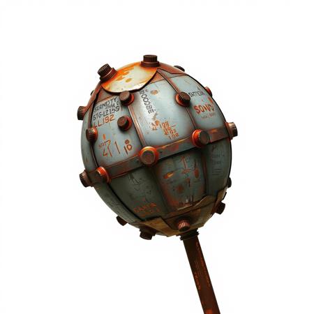 (pure white color background:1.5), single scavenged scrap metal club with a rounded head made from a patchwork of metal plates fastened together with large bolts and nails,  post apocalyptic style<lora:Dieselcore_Flux:0.5>,