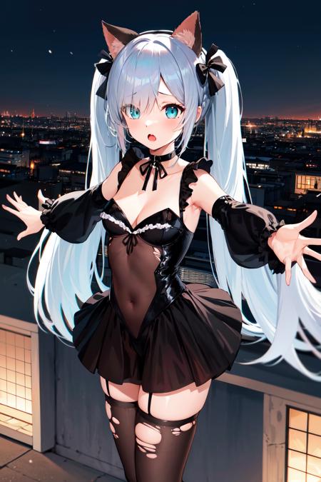 1girl, solo, very long hair, blue hair, twin braids, hair ribbon, white hairband, white ribbon, mini crown, blue eyes, bare shoulders, frilled dress, white dress, detached sleeves, white thighhighs 1girl, solo, long hair, white hair, twintails, fake animal ears, blue eyes, choker, neck ribbon, cleavage, black dress, see-through, detached sleeves, wrist cuffs, torn thighhighs, black thighhighs 1girl, solo, very long hair, blue hair, braided ponytail, beret, white headwear, blue eyes, black neckerchief, crop top, white shirt, long sleeves, midriff, pleated skirt, white skirt, white pantyhose