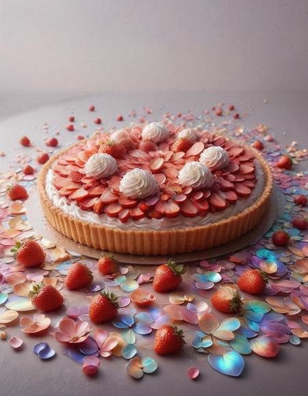 strawberry tart, p1nk1r1fl0wers, made out of iridescent flower petals, high quality, masterpiece <lora:PinkieIriFlwrsSDXL:1>