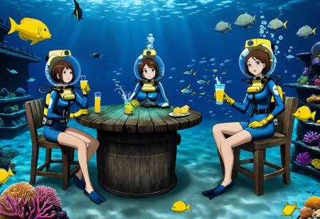 Pretty female scuba diver, having a drink in an underwater bar, tropical cocktail with straw little umbrella and lemon slice, rustic chairs, counters, (mature), ((full body diving suit)), gloves, medium breasts, (multiple girls:1.2), [flower in the hair], ((underwater)), weight belt, ((lama scuba helmet)), (black fins), (swimming), 1girl, fish school, fish, (coral reef), (alguae:1.3), ((deep sea)), (ocean abyss), ((dim blue lighting)), ((caustic effects)), detailed face, ((perfect anatomy)), ((perfectly drawn face)), ((perfectly drawn hands)), ((perfectly drawn eyes)), wide angle view, best quality, masterpiece, ultra high res, ultra detailed, sharp focus, <lora:lama_scuba_helmet_xl-000012:0.85>