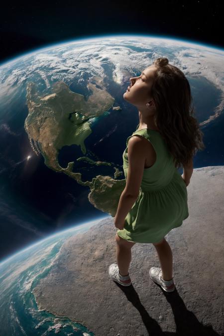 masterpiece, best quality,bright color,vivid color, (extremely detailed CG unity 8k wallpaper, masterpiece, best quality, ultra-detailed, best shadow), (chromatic aberration),(girl:1.5),(ultra-detailed),((cute face)),((full body)),
((Girl,girl looking down at Earth)),  dynamic angle,beautiful detailed glow,green dress,
<lora:more_details:0.5>,