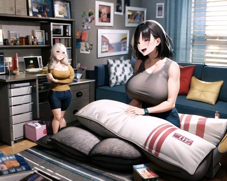 very detailed background, masterpiece, best quality, best quality, ultra-detailed, illustration, 2girls, 2 adult 25 year old women, (couple, (one very tall huge minigiantess:1.6 woman muscular:12 with large breasts and cleavage), and (one very short petite woman)), sitting, playful, gaming, messy room, lighthearted, cozy, relaxed, cheerful, fondness, love, friendship, cute, touching, computer game, light smile, joy, laughter:0.8, comfortable, messy hair, tousled, disarray, cluttered, toys, posters, pillows, blankets, lamp, desk, chair, cozy atmosphere, warm lighting, bright colors, soft pastels, flowers, plants, books, snacks, soda, energy drinks, manga, novels, plushies, figurines, posters, pictures, posters, wall scrolls, stickers, decorations, bed, blankets, pillows, stuffed animals, cozy blankets, warm blankets, comfortable clothes, casual attire, leisure wear, sweatshirt, sweatpants, shorts, t-shirt, tank top, socks, beautiful face