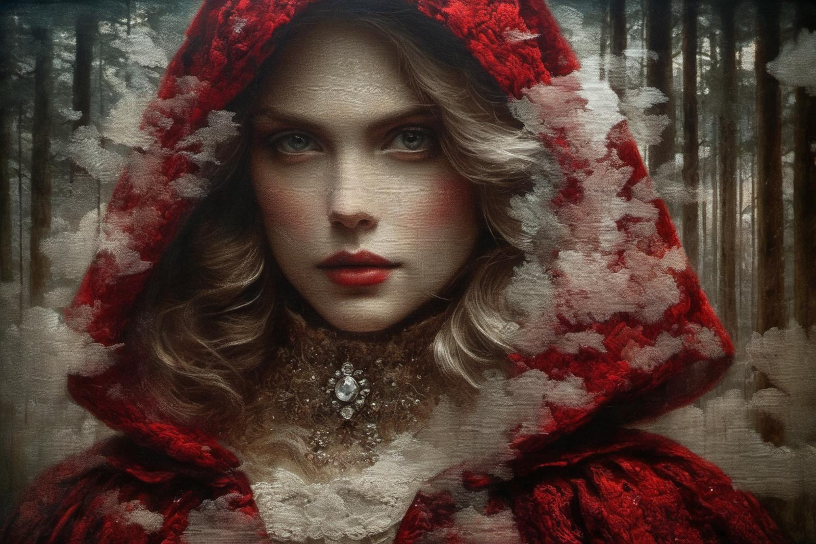 Artistic Portrait of a Lady in a Red Hooded Coat with Snowflakes