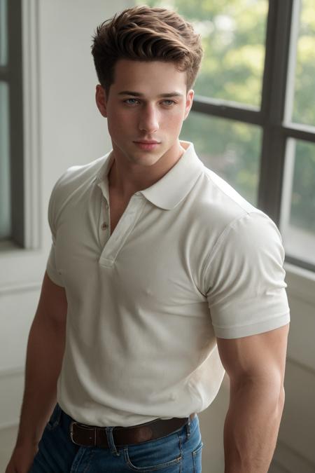 epiCRealism, (full body) photo of nick sandell posing in polo shirt and jeans,  <lora:Nick_Sandell-06:.8>, deep photo, depth of field, Superia 400, bokeh, professional photograph shot, realistic lighting