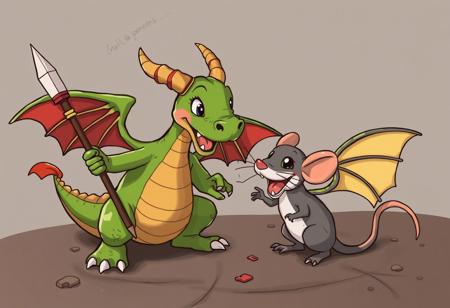 cartoon dragon holds a spear and  plays with a  cartoon rat