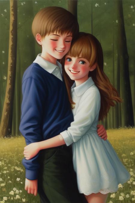 <lora:lostgirls:1>, lostgirls, a painting of a teenage girl and boy  hugging and giggling, wholesome