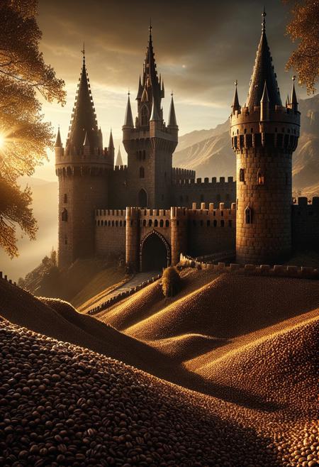 coffee beans, a massive medieval fantasy castle entirely built from polished and textured coffee beans, intricate towers and spires, gothic arches and fortified walls, rich brown tones with subtle golden highlights, cinematic sunlight from behind creating dramatic silhouettes, warm ambient glow, soft volumetric light rays filtering through fog, high detail in texture and architecture, glossy micro-reflections on the coffee beans, majestic atmosphere, ultra-realistic environment, detailed depth of field with blurred distant mountains, fantasy concept art, 24mm wide lens