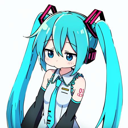 renchon mouth, upper body, hatsune miku, detached sleeves, sleeveless, simple background, white background <lora:renchon_mouth-v3:1>