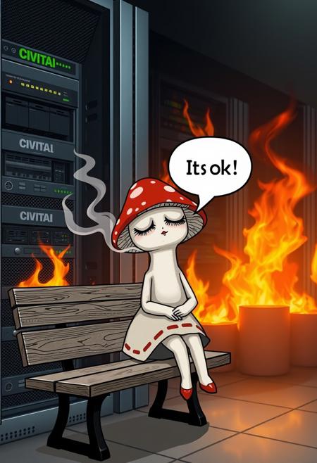Mushroom woman with closed eyes smoking on bench, speech bubble "It`s ok" against the backdrop of burning servers, on the server rack is the text: "CIVITAI"