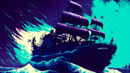 mdjrny-pntrt illustration style, Ocean, Pirate Ship, Sea, contrasting colour palette