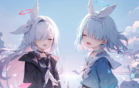 masterpiece, best quality, (2girls,multiple girls), (one girl in white, another girl in blue),  smile, closed eyes, sky, closed mouth, looking at viewer,  upper body, cloud, open mouth
(arona,bowtie,multicolored hair,blue hair,short hair,pink hair,school uniform,white bow hairband,white bow,white bowtie,white sailor collar,braid,blue serafuku,long sleeves, halo,  choker, hair over one eye, white skirt, blue eyes:1.04),
<lora:aronaslora-000016:0.8>