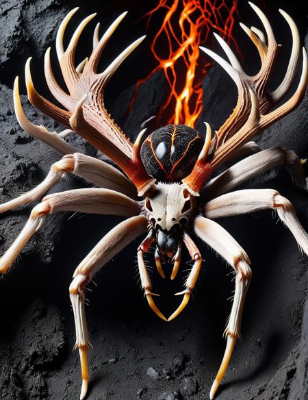 <lora:SDXLAntlerPagan:0.8>AntlerStyle, photo of a spider combined with antlers, close up, black dark cave with cooled magma