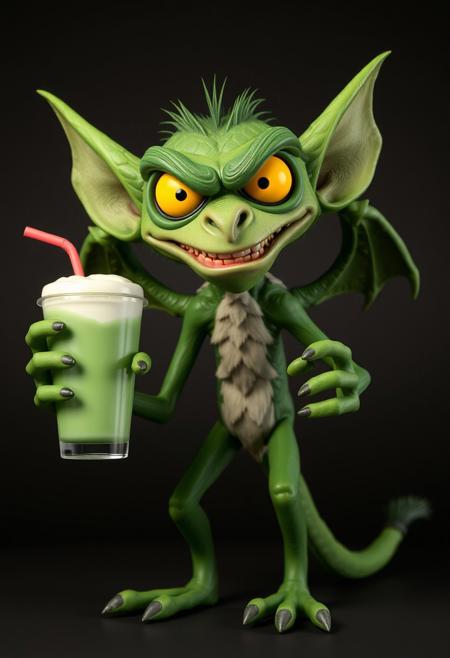 Clay Animation - a pixar style 3d animated green character called a jabberwock, angry, fierce, scary, big yellow eyes, wings, scales. long ears. long sharp teeth. at least ten feet tall with a simian like build, almost like a lemur. Its limbs are long and elongated and slender, 3 long fingers and claws. with a pointed end long tail ending, standing on two toes with a dewclaw/thumb. looking at camera over a simple background. holding a green frappucino