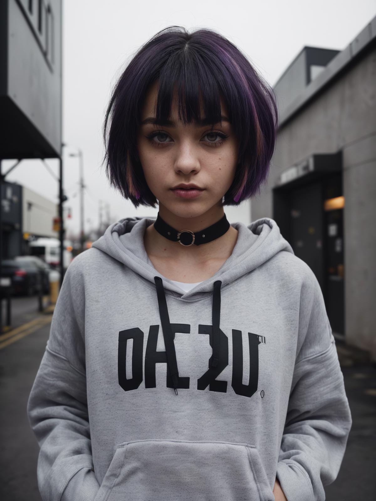 A young woman with purple hair and a black choker necklace wearing a grey hoodie.