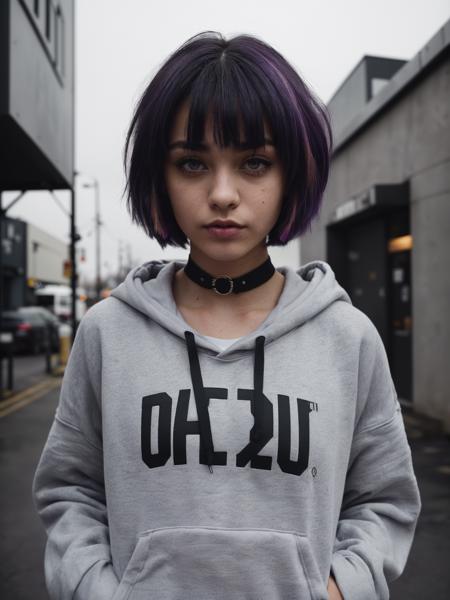 raw photo, a cute afraid girl, purple stacked bob, 20 years old, curl mascara, glitter eyeliner, buff, choker, realistic skin texture, oversize hoodie, (Army Green:0.8), hardcore, cold lighting, morbid atmosphere, instagram style, fashion (ramen shop:1.1), (sfw:0.9), highly detailed photography, (muted colors, cinematic, dim colors, soothing tones:1.2), vibrant, insanely detailed, hyperdetailed, (dark shot:1.2), (vsco:0.3)