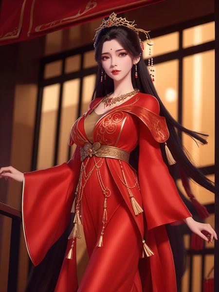 1girl,WMSJyuechanHFgf3,cityscape,night,looking at viewer,red long dress,hair ornament,cowboy shot,hair bun,pearl,tassel hair ornament,necklace,<lora:WMSJyuechanHFgf_20230804140614:0.8>,coat,