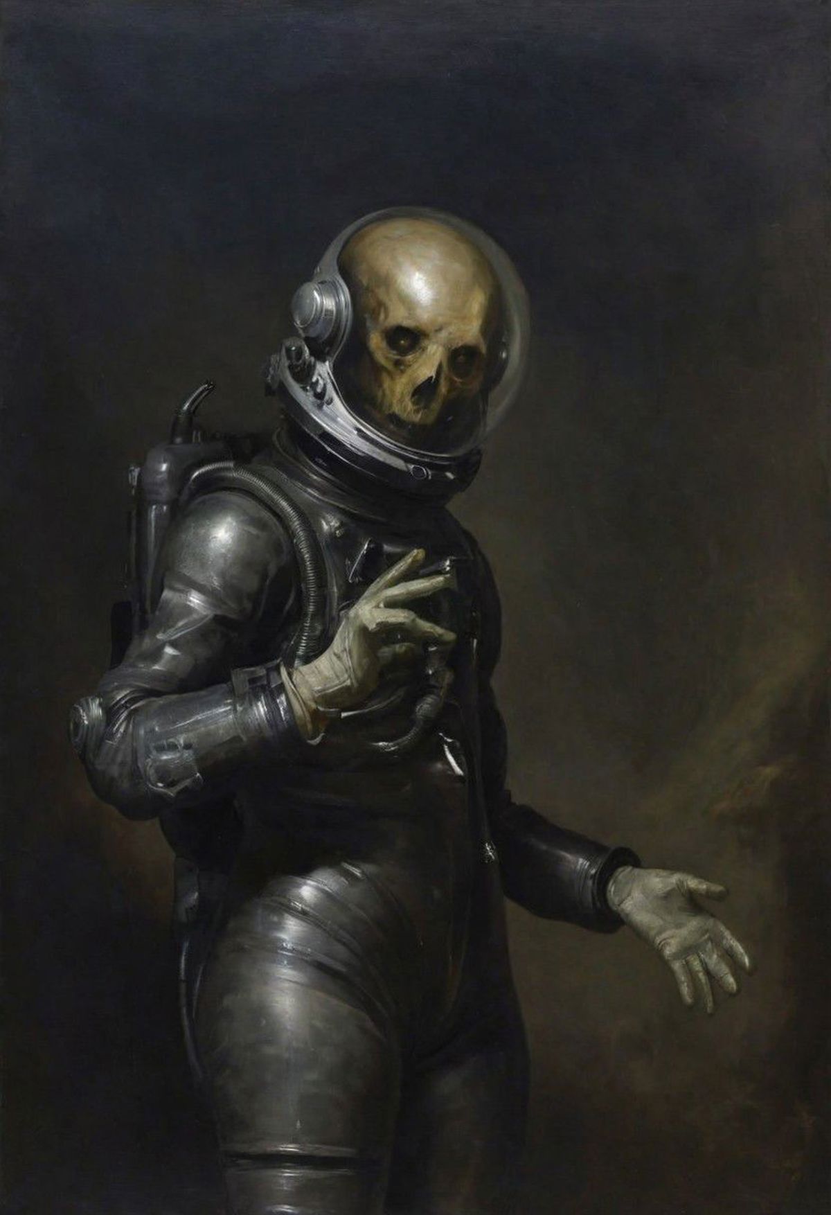 A Skeleton Astronaut in a Spacesuit with a Helmet and Gloves, Reaching for Something