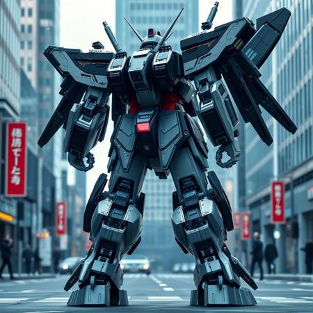 Gundam, a mecha-style mech with a black and silver color scheme, stands in the city streets at a giant size, with weapons on its back. The close-up view of the full body has a sci-fi feel, with cool tones, a metallic texture, and a wide-angle lens creating high contrast and a cool light effect. This high-resolution photography showcases the high level of detail and hyper-realistic, photo-realistic quality of the 3D rendering in full HD.