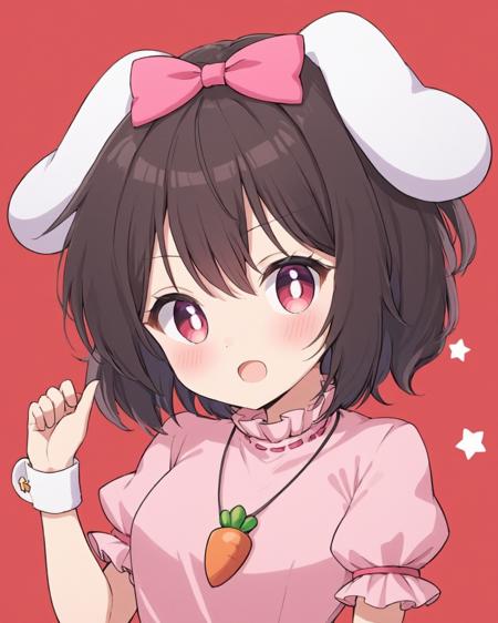 inaba tewi,1girl, solo, carrot_necklace, red_background, open_mouth, looking_at_viewer, upper_body, pink_dress, pink_bow, puffy_short_sleeves, simple_background, hair_bow, frilled_sleeves, blush, rabbit_girl, wrist_cuffs, outline, small_breasts, pink_shirt, speech_bubble
<lora:inaba_tewi_image5751_2023-12-14-000008:1>,star-shaped_pupils,symbol-shaped_pupils,. gorgeous,key visual, vibrant, studio anime,award-winning, professional, highly detailed,high budget, cinemascope