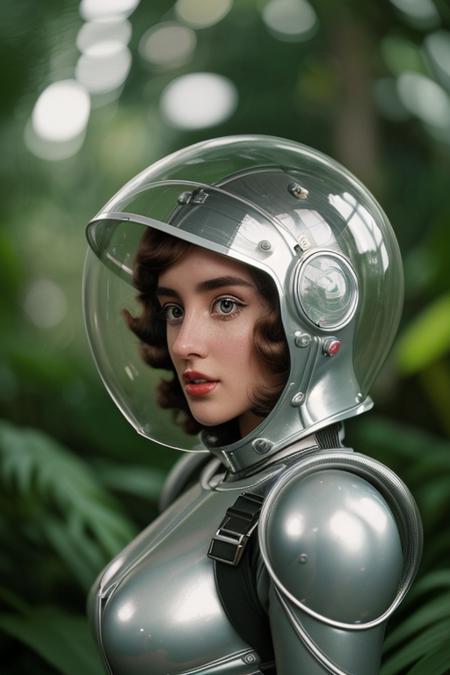 1 girl  polished aluminum suit alien jungle landscape jetpack glass dome helmet perfect curly hair 
Best quality, masterpiece, ultra high res, (photorealistic:1.4), raw photo, film grains, shallow, depth field, bokeh
atompunkstylesd15 w00ds