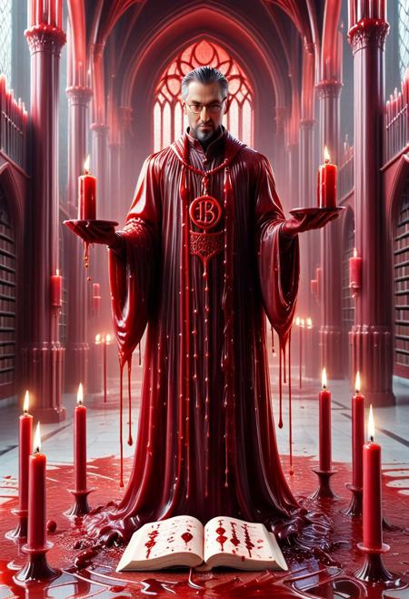 (blood library:1.5), books bound in flesh, liquid text flowing across blood-stained pages, red candles dripping into magical glyphs, librarian with vascular robe, gothic architecture
Tags: Blood for the Blood God, blood, lazympos