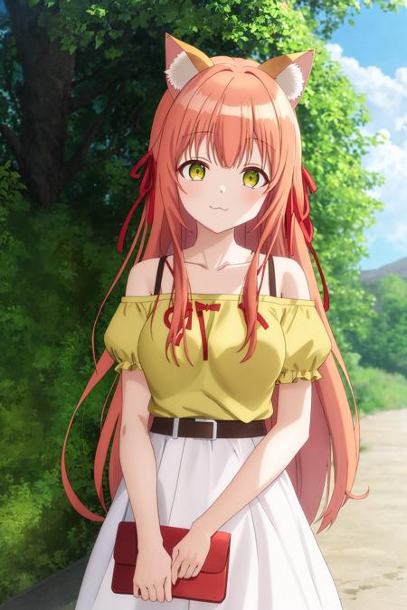 kanade, anime art style, 1girl, solo, long_hair, breasts, looking_at_viewer, smile, bangs, brown_hair, shirt, dress, ribbon, animal_ears, bare_shoulders, very_long_hair, closed_mouth, green_eyes, collarbone, hair_ribbon, short_sleeves, outdoors, sky, day, belt, cloud, cat_ears, red_ribbon, blue_sky, animal_ear_fluff, :3, arms_behind_back, pouch, yellow_shirt, belt_pouch