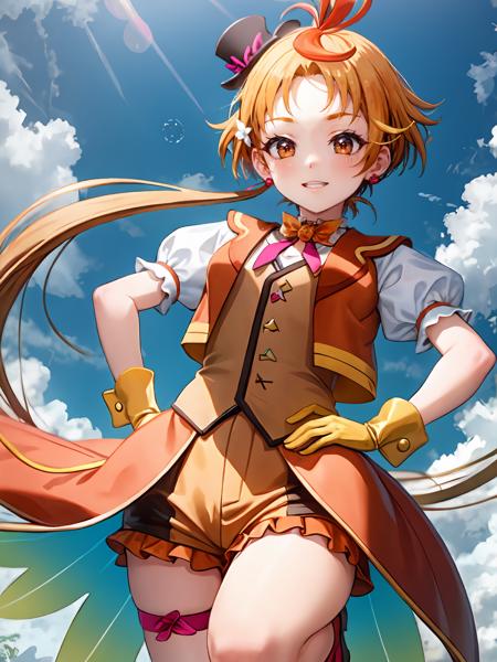 (extremely detailed CG), (best quality), 1girl, perfect face,  shiny skin, lustrous skin, wide hips, narrow waist,  <lora:CureWing-10:0.8> CureWing,vest, skirt, streaked hair, knee bots, puffy short sleeves,multicolored hair,thigh strap,mini top hat yellow gloves,puffy sleeves, orange footwear, short sleeves, shorts,bow orange eyes,top hat, orange glooves,mini hat,floves , earrings, orange hair, hands on hips, smile,standing(single twintail)